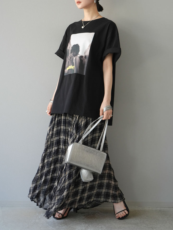 [SET]ネオンロゴフォトプリントBIG Tシャツ+シアーチェックアシンメトリーワッシャースカート(2set)