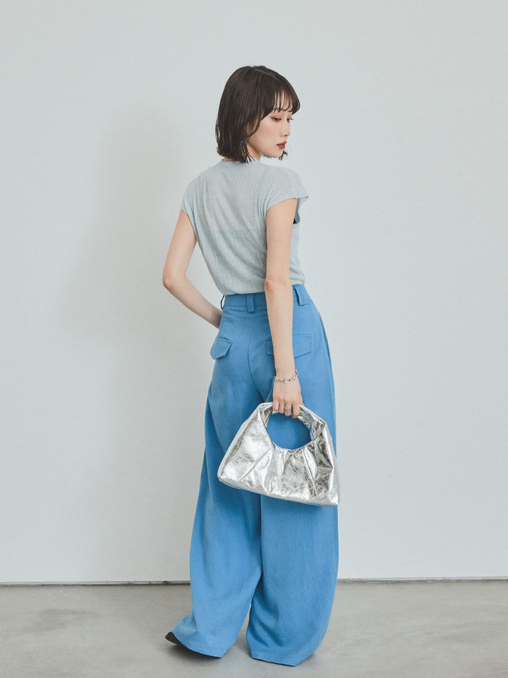 [SET] 法式袖透視針織上衣 + 亞麻觸感褶皺寬褲 (2set)