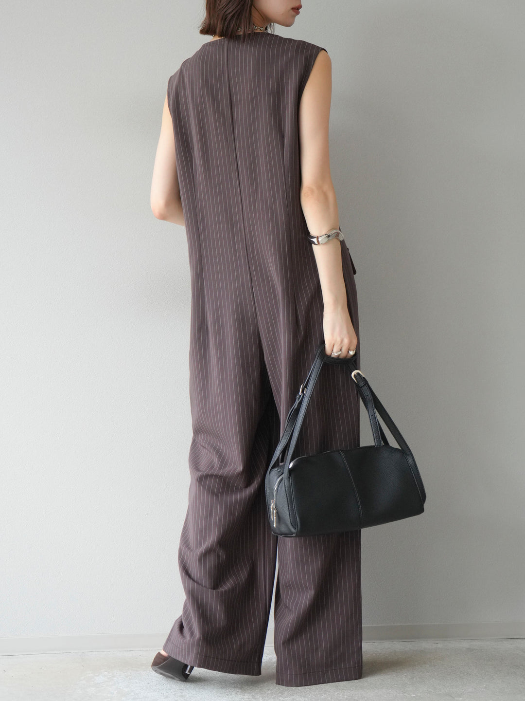 [予約]ストライプラップデザインオールインワン/ブラウン