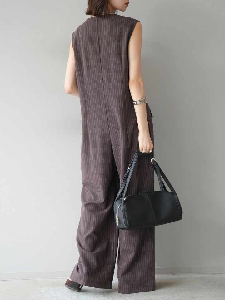 [予約]ストライプラップデザインオールインワン/ブラウン