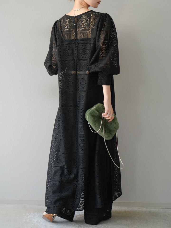 【套裝】塊蕾絲捲袖洋裝+塊蕾絲寬褲（2套）