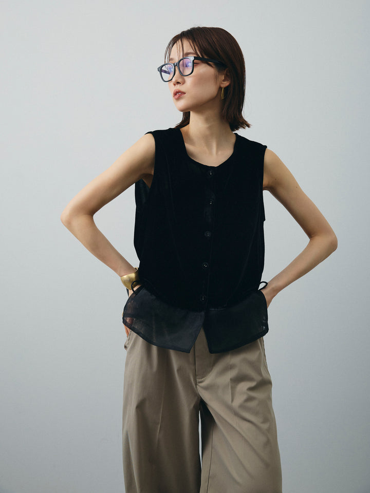 [予約]裾チュールベロアノースリーブプルオーバー/ブラック