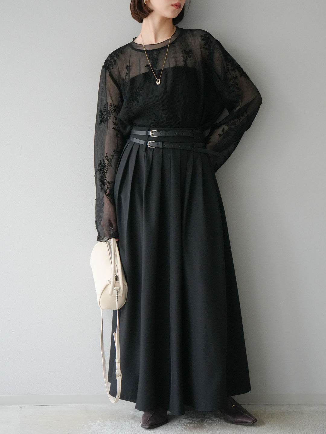 [予約]エステルプリーツスリットスカート/ブラック