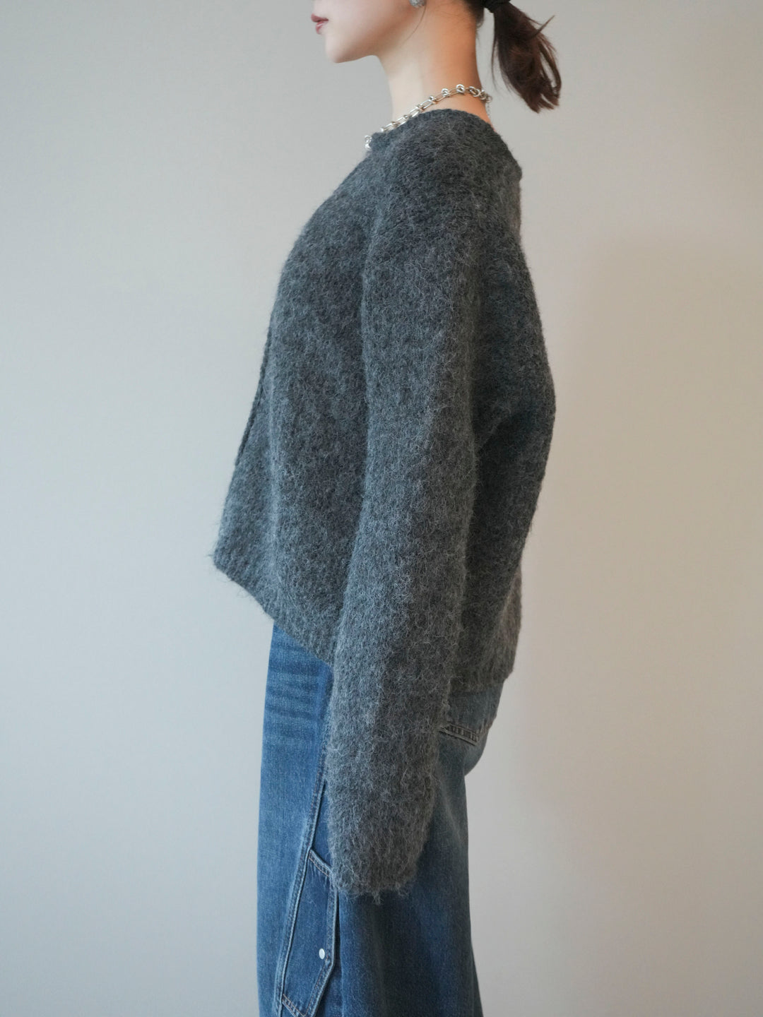 [予約]キーネックシャギーニットカーディガン/gray