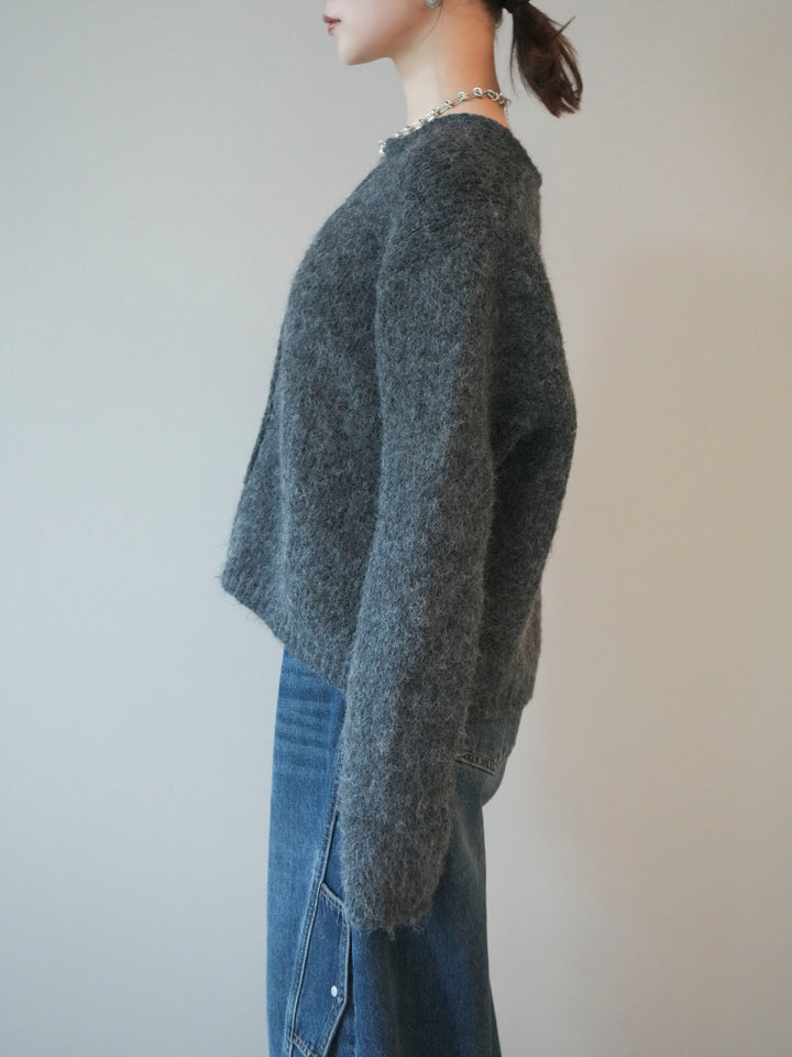 [予約]キーネックシャギーニットカーディガン/gray