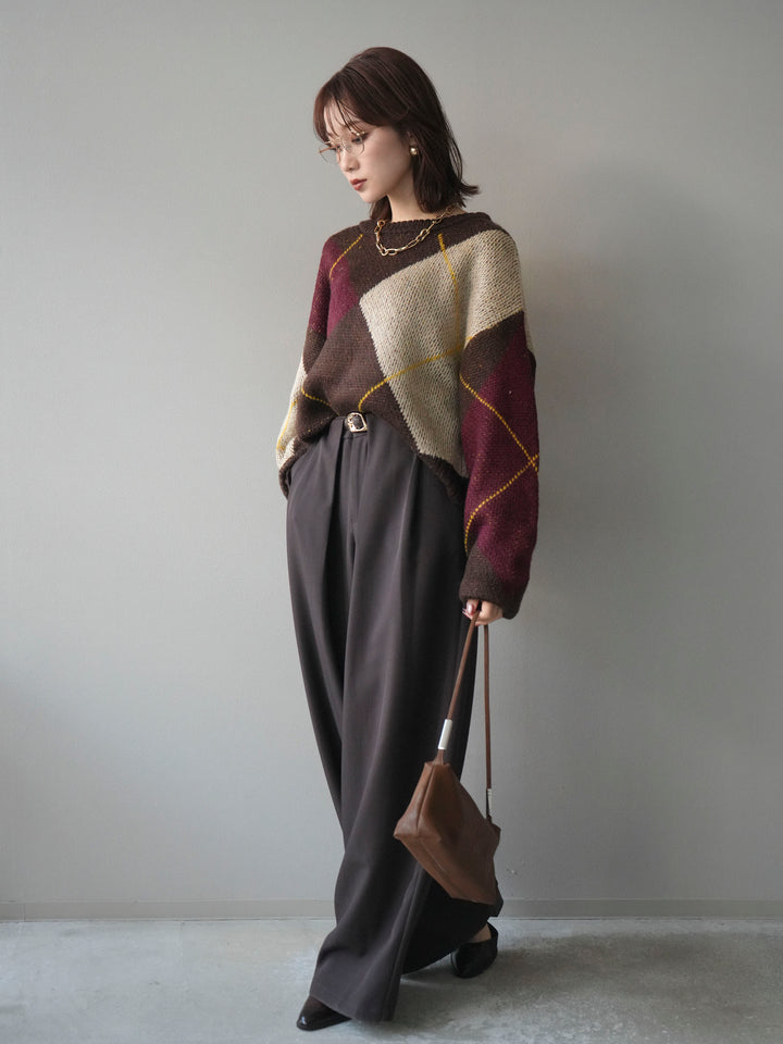 [SET]配色ステッチアーガイル柄ニットプルオーバー+ベルトループデザインワイドパンツ(2set)
