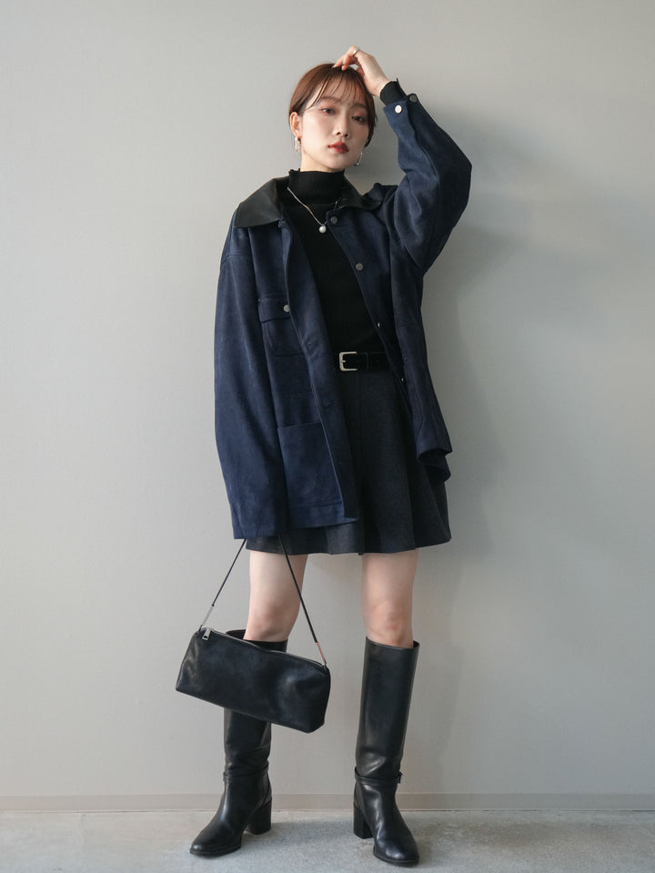 [SET]襟レザーステンカラースエードジャケット+ベルト付きタックミニスカート(2set)