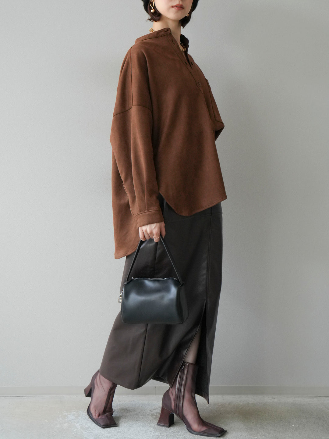 [予約]フェイクレザーフロントスリットスカート/ブラウン