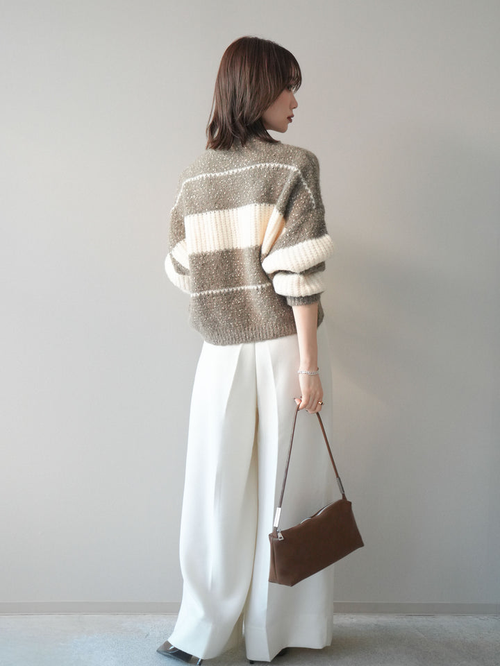 [SET]ネップヤーンボーダーニットプルオーバー+ウールタッチベルト付ワイドパンツ(2set)