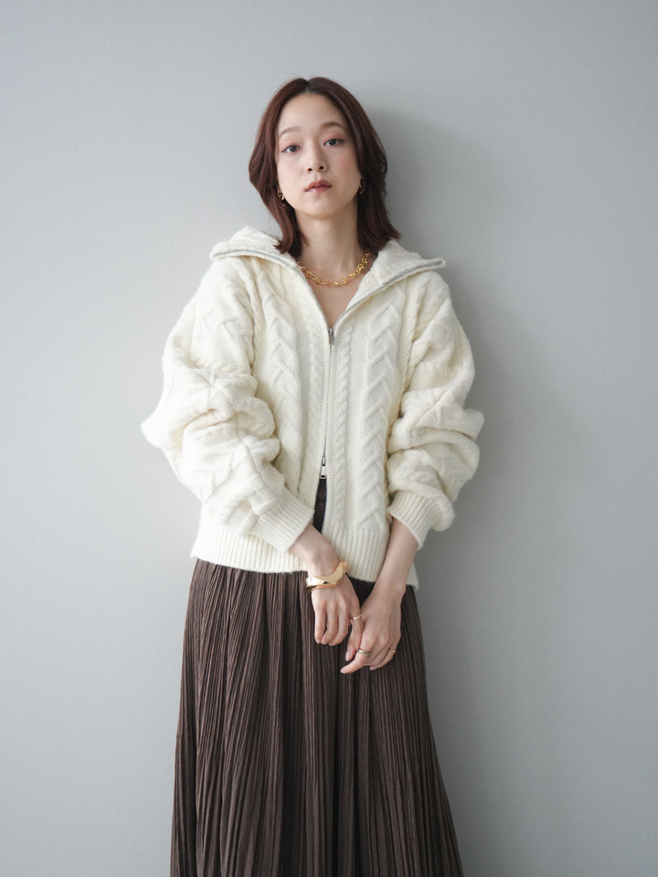 [SET]ケーブル編みハイネックZIPニットカーディガン+裾レーススウェードプリーツマキシスカート(2set)