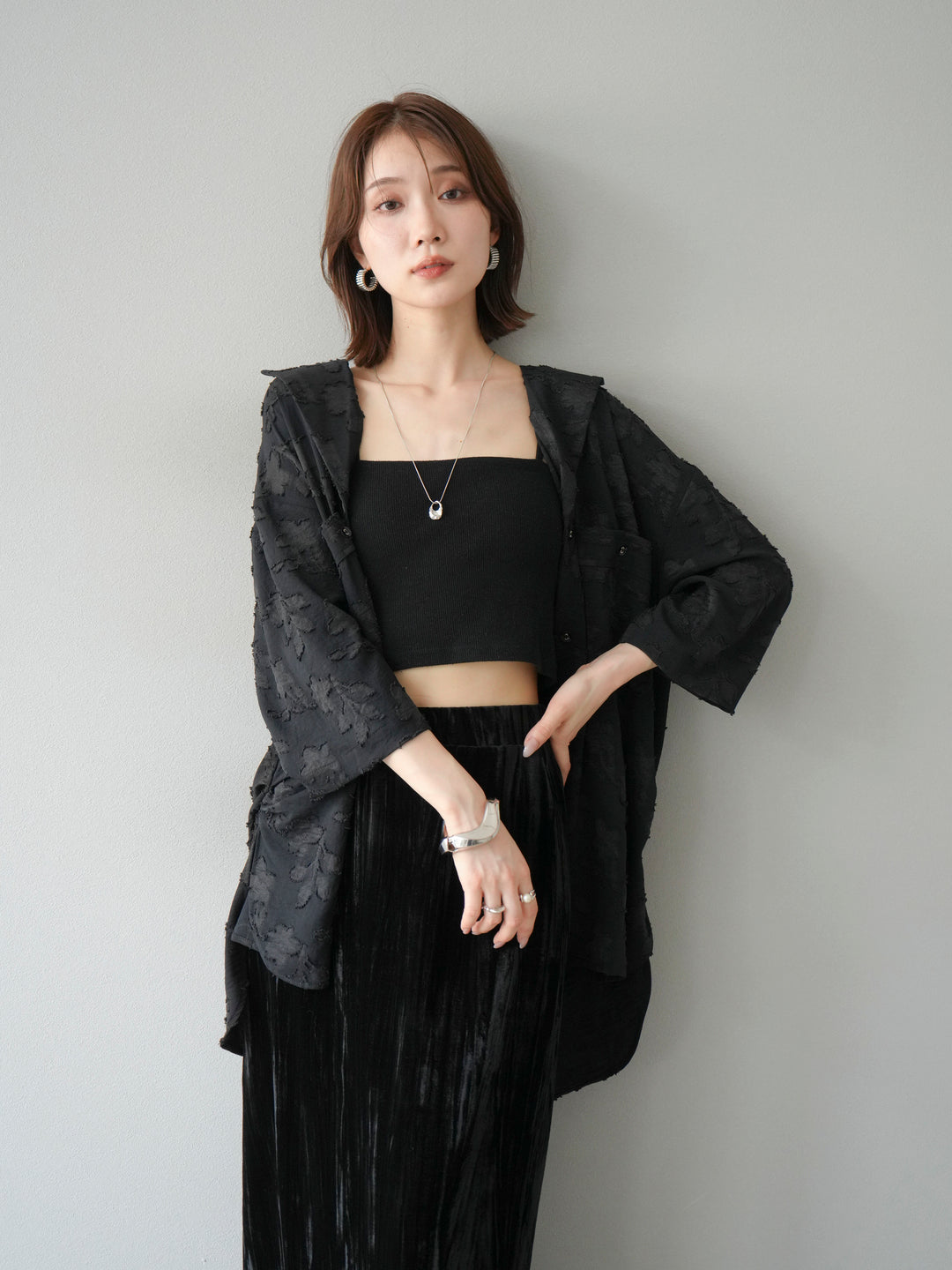 [予約]ジャガードハーフスリーブシャツ/ブラック