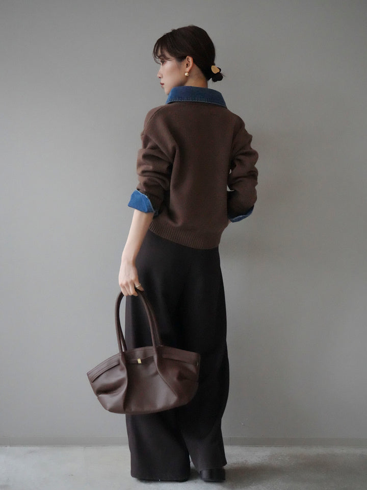 [SET]デニム襟ポロニットプルオーバー+ベルトループデザインワイドパンツ(2set)