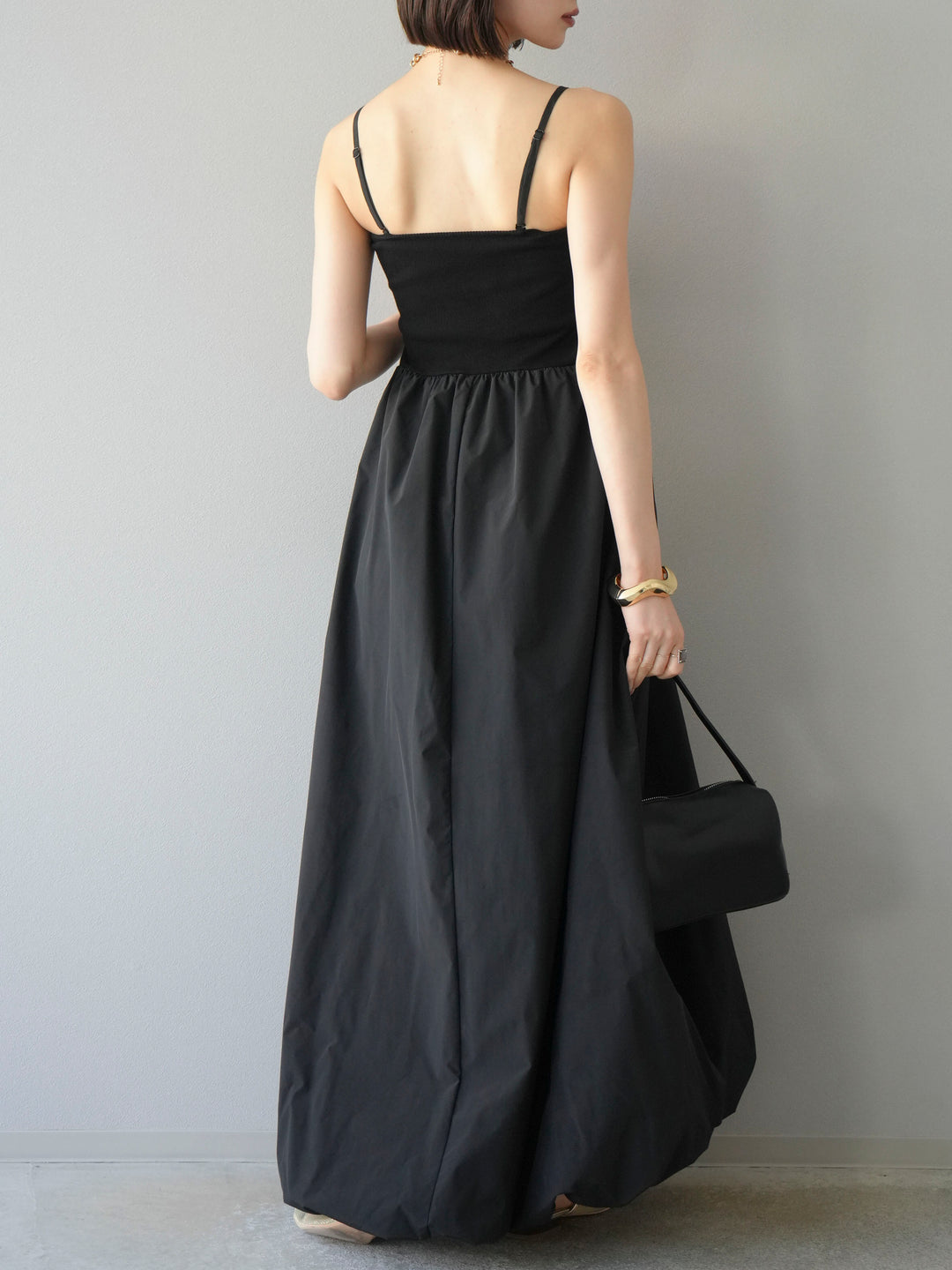 [予約]異素材ドッキングカップ付ベアキャミバルーンワンピース/ブラックブラック