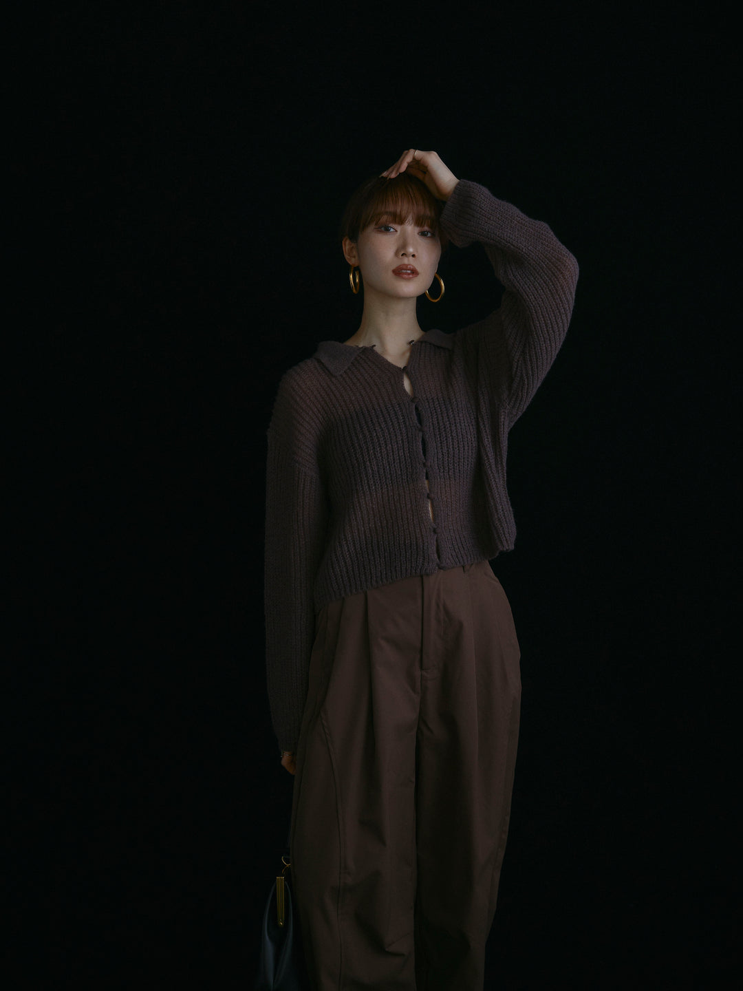 【Allure】[SET]起毛片畦編みシアーポロニット+タフタワイドカーブパンツ(2set)