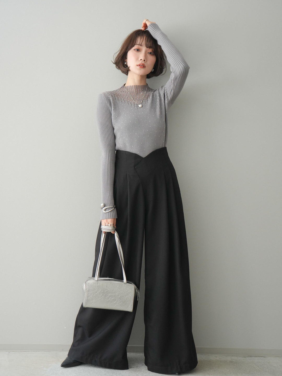 [SET]シアー切替スパンコールリブニットトップス+デザインハイウエストワイドパンツ(2set)