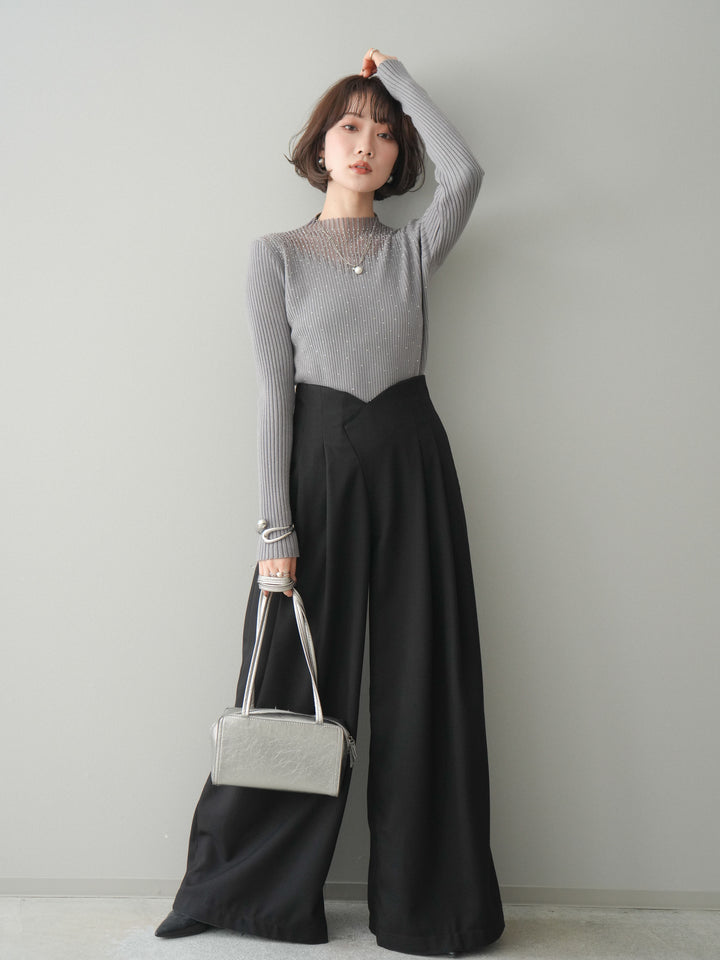 [SET]シアー切替スパンコールリブニットトップス+デザインハイウエストワイドパンツ(2set)