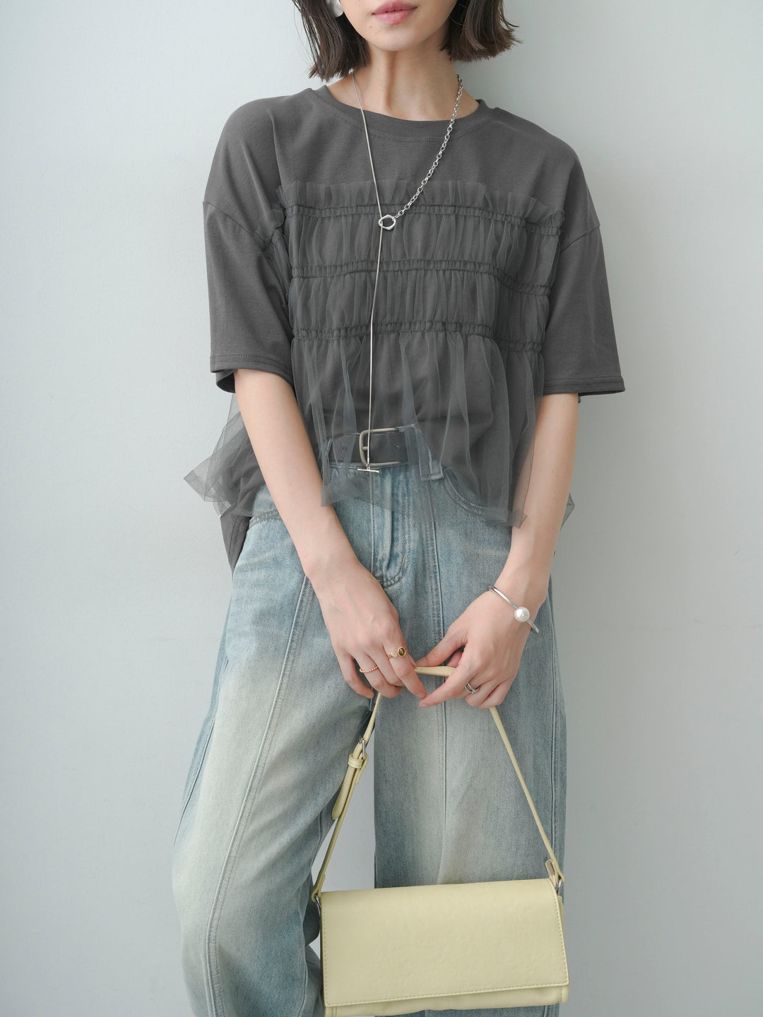 [SET]ギャザーチュールドッキングTEE+センターラインカーブクロップデニム(2set)