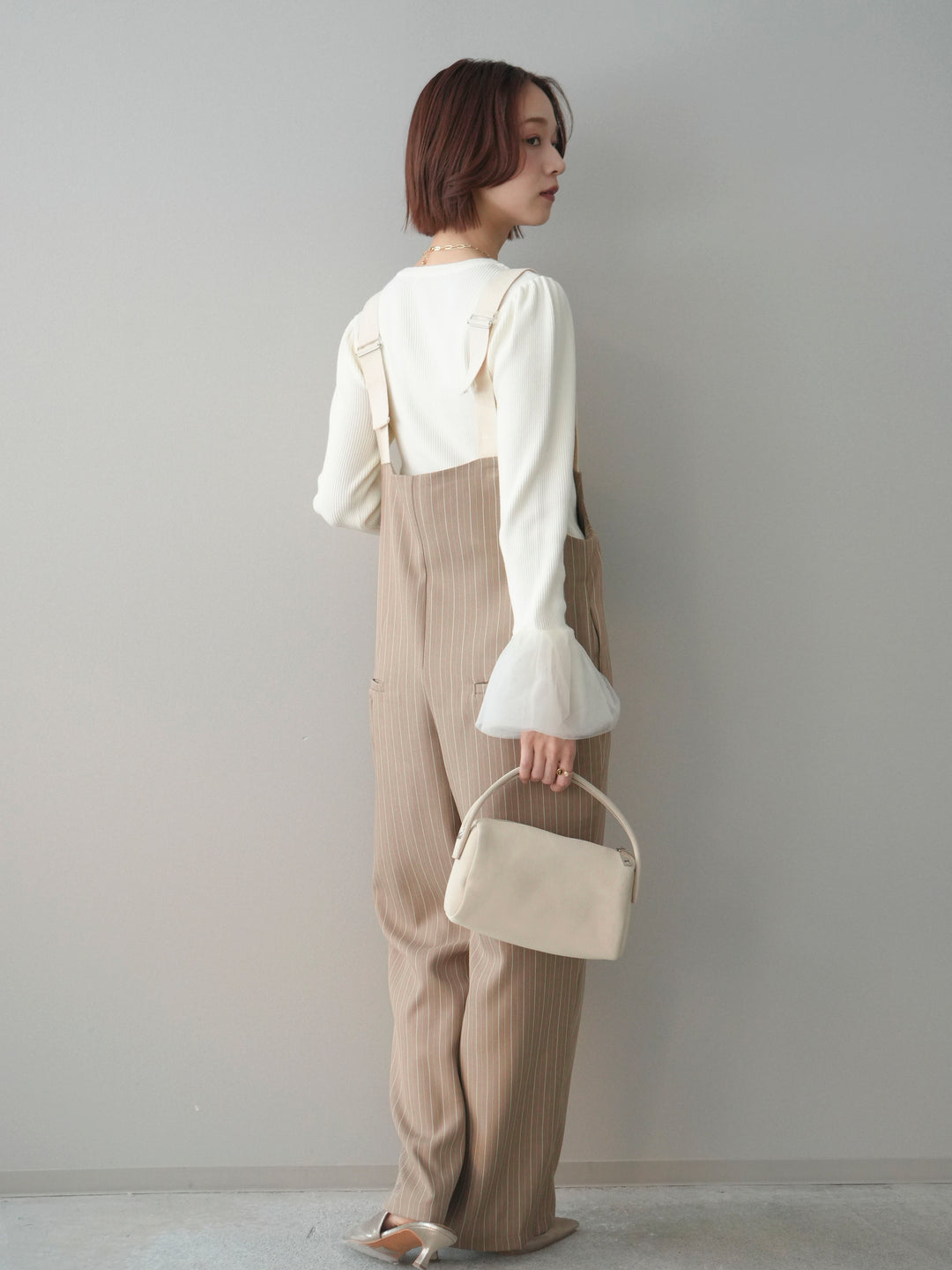 [予約]グログランテープストライプサロペット/beige