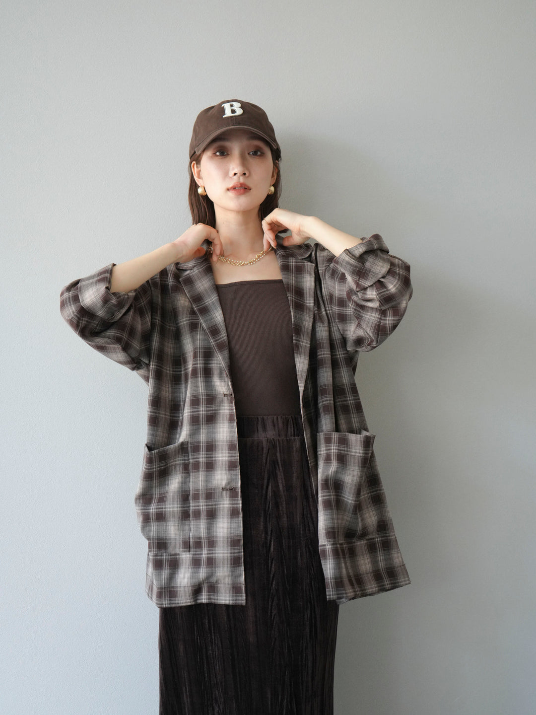 [予約]チェックシャツジャケット/ブラウン