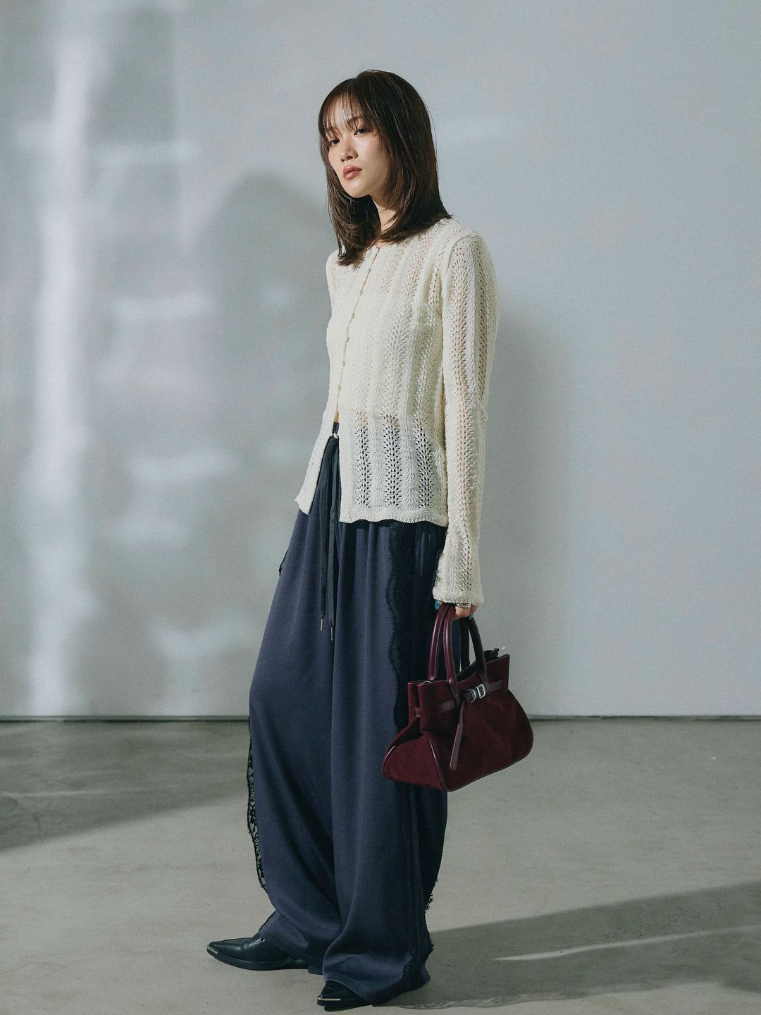 【Allure】[SET]透かし編みニットカーディガントップス+サイドピンタックレースイージーワイドパンツ(2set)