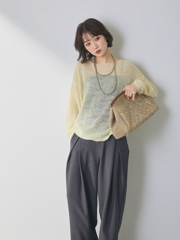 【Allure】[SET]モヘアタッチ透かし編みボートネックニットプルオーバー+アシンメトリーウエストタックパンツ(2set)