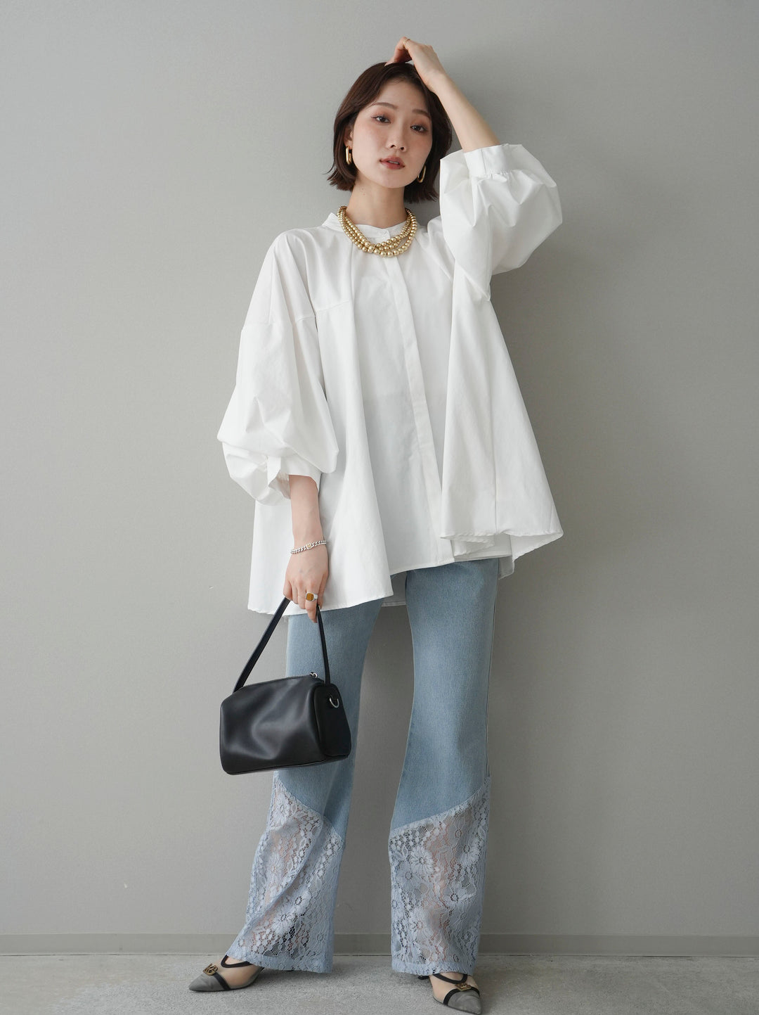 [予約]レース切替フレアデニムパンツ/bleach