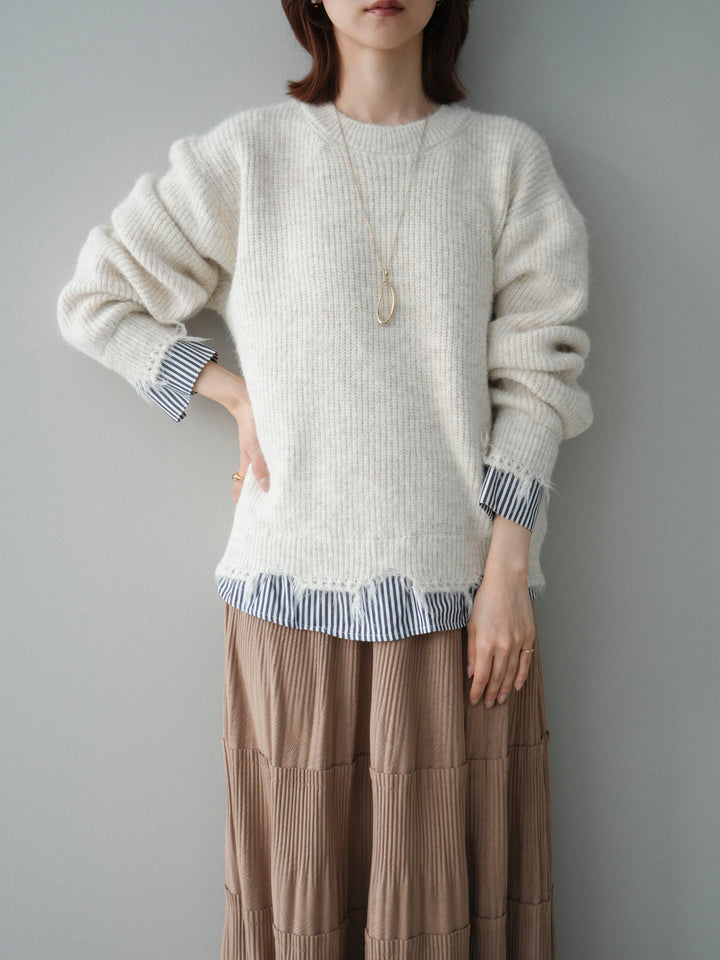 [SET]裾シャツレイヤードダメージニットプルオーバー+ストーンフォークリング(2set)