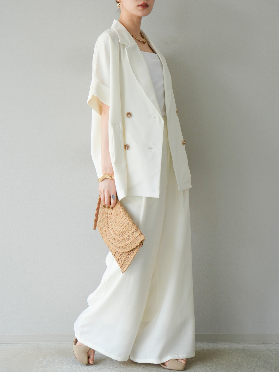 [予約]リネンライクイージーワイドパンツ/アイボリー