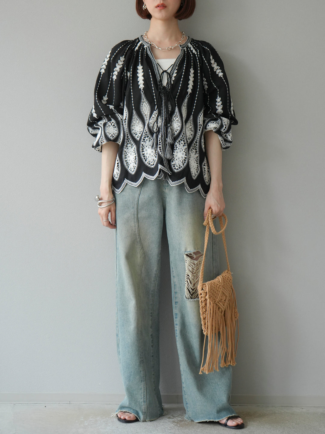 [予約]マクラメフリンジショルダーミニバッグ/ベージュ