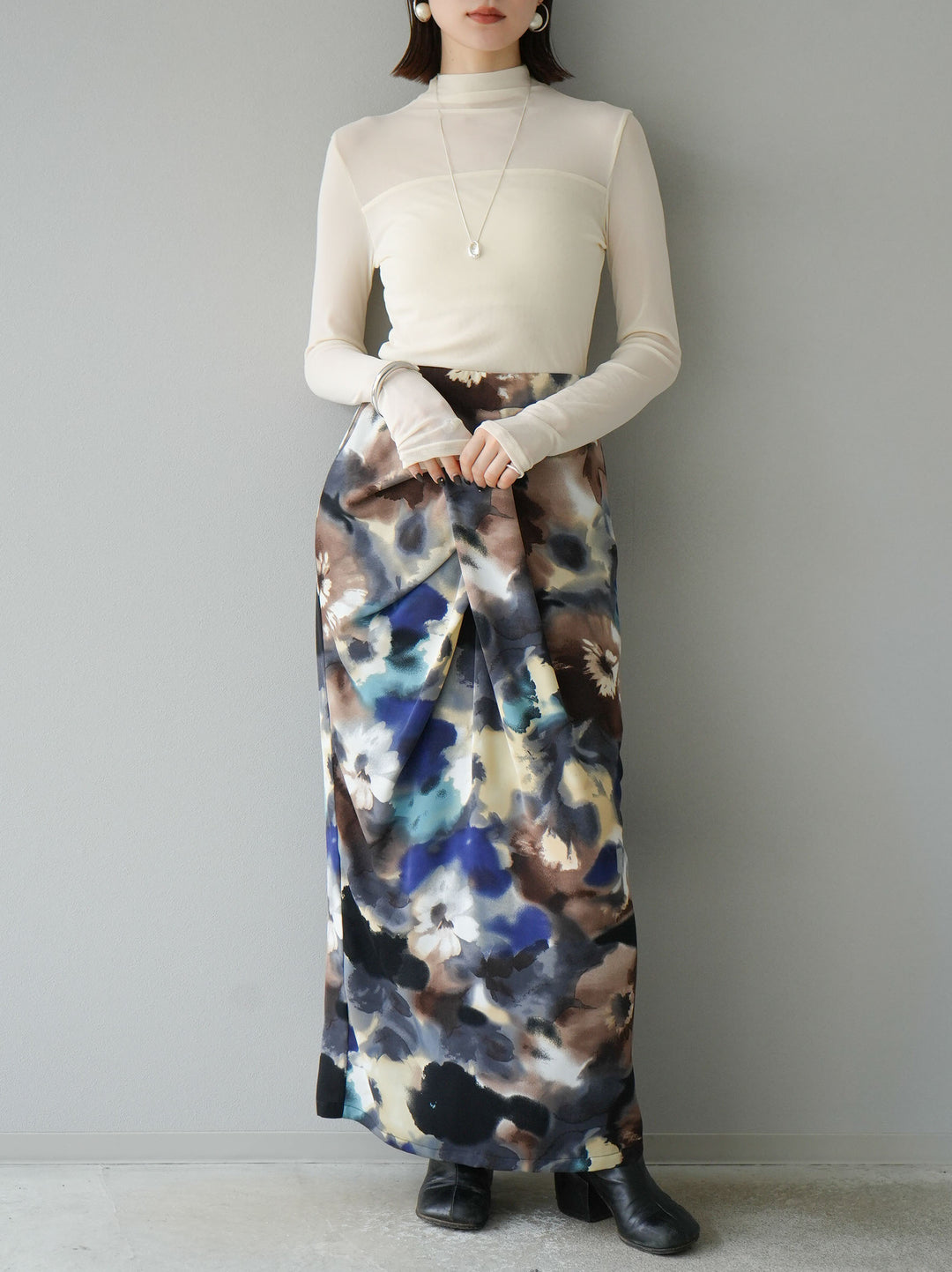 [SET]シアー切替ストレッチ長袖トップス+シアー切替ストレッチトップス(2set)