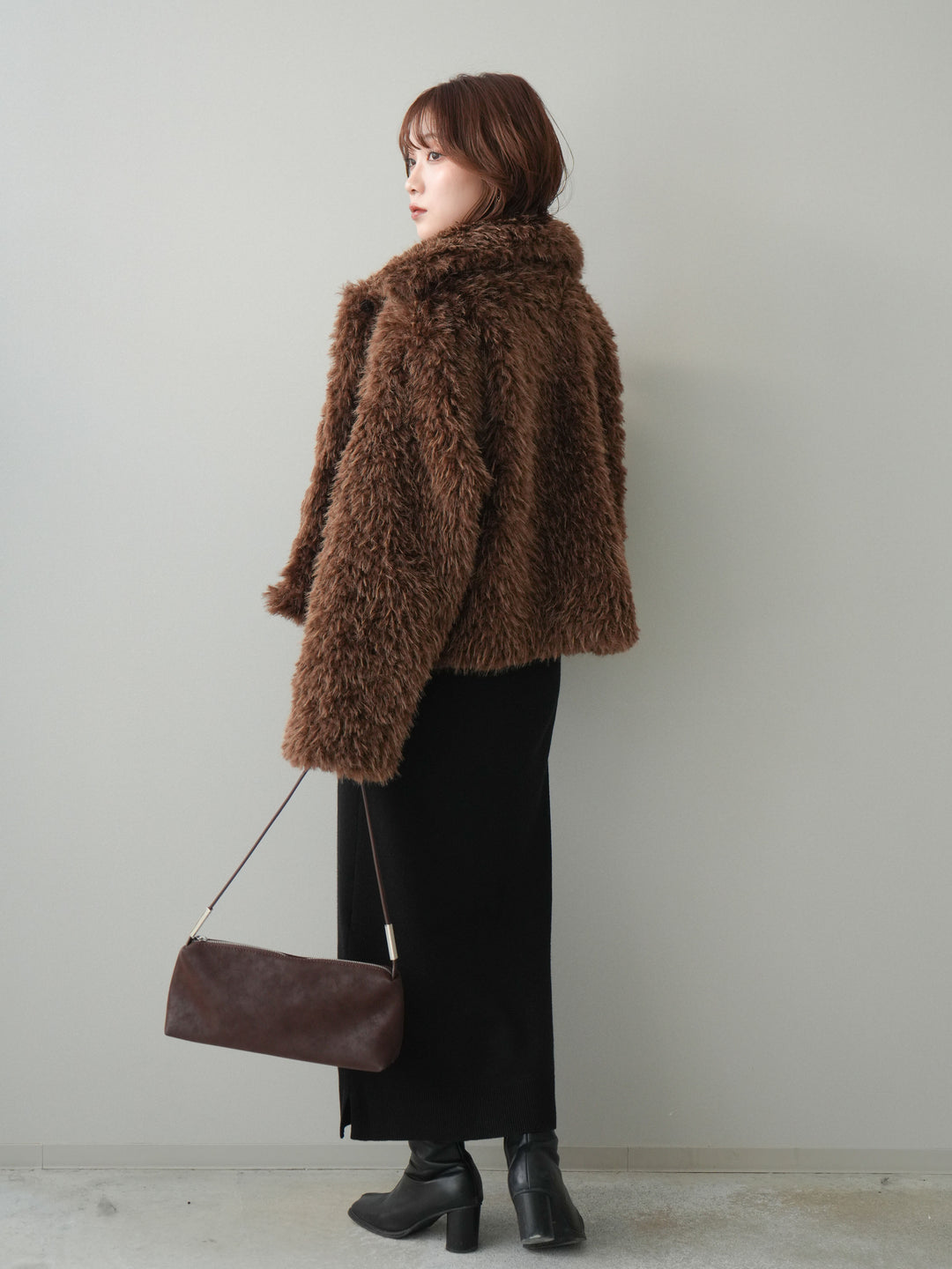 [SET]配色ポロニットワンピース+フェイクファー襟付きショートブルゾン(2set)