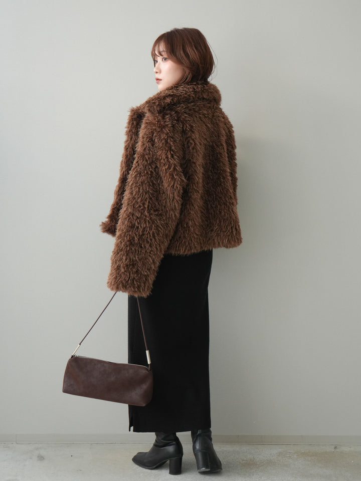 [SET]配色ポロニットワンピース+フェイクファー襟付きショートブルゾン(2set)