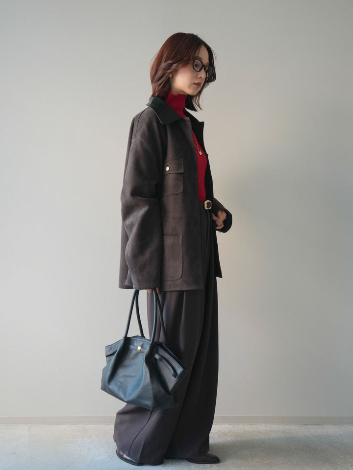 [SET]襟レザーステンカラースエードジャケット+袖ボタンボトルネックリブニットトップス+ベルトループデザインワイドパンツ(3set)