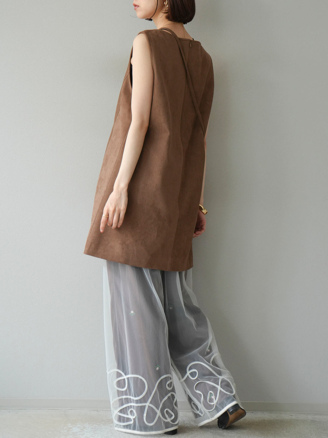 [予約]フラワー刺繍イージーパンツ/ブラウン