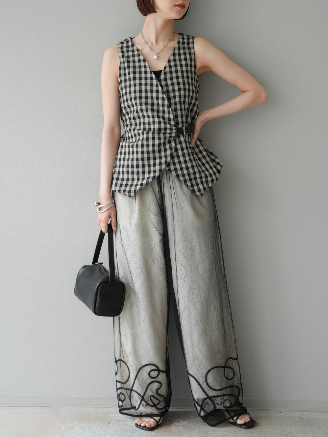 [SET]ベルトデザインバルーンブラウス+レースタックイージーパンツ+コード刺繍チュールレイヤードパンツ(3set)