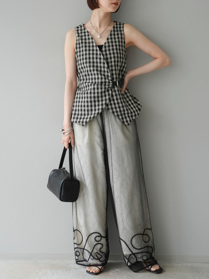 [SET]ベルトデザインバルーンブラウス+レースタックイージーパンツ+コード刺繍チュールレイヤードパンツ(3set)