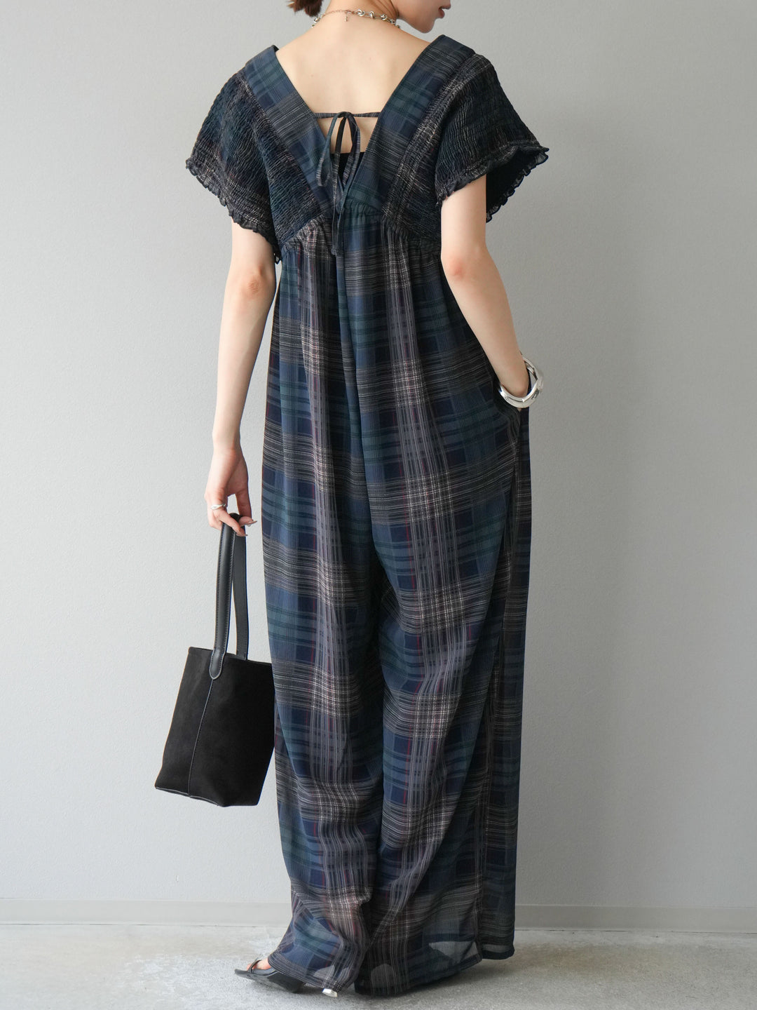 [套裝] 透視格紋褶皺背帶褲 + 配件套裝（2 套）