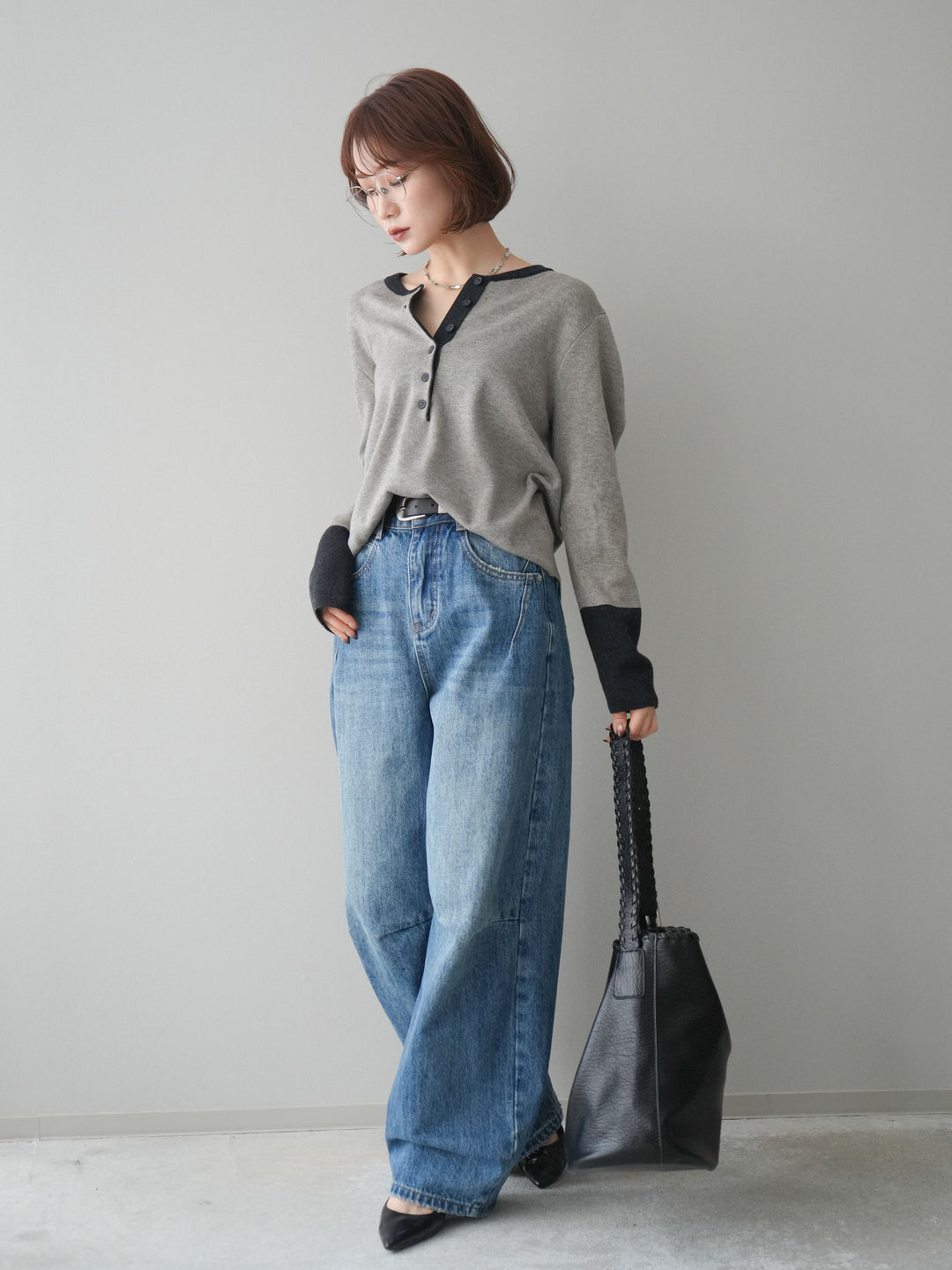 [SET]ヘンリーネック配色ニットソー+ベルト付3Dカーブワイドデニムパンツ(2set)