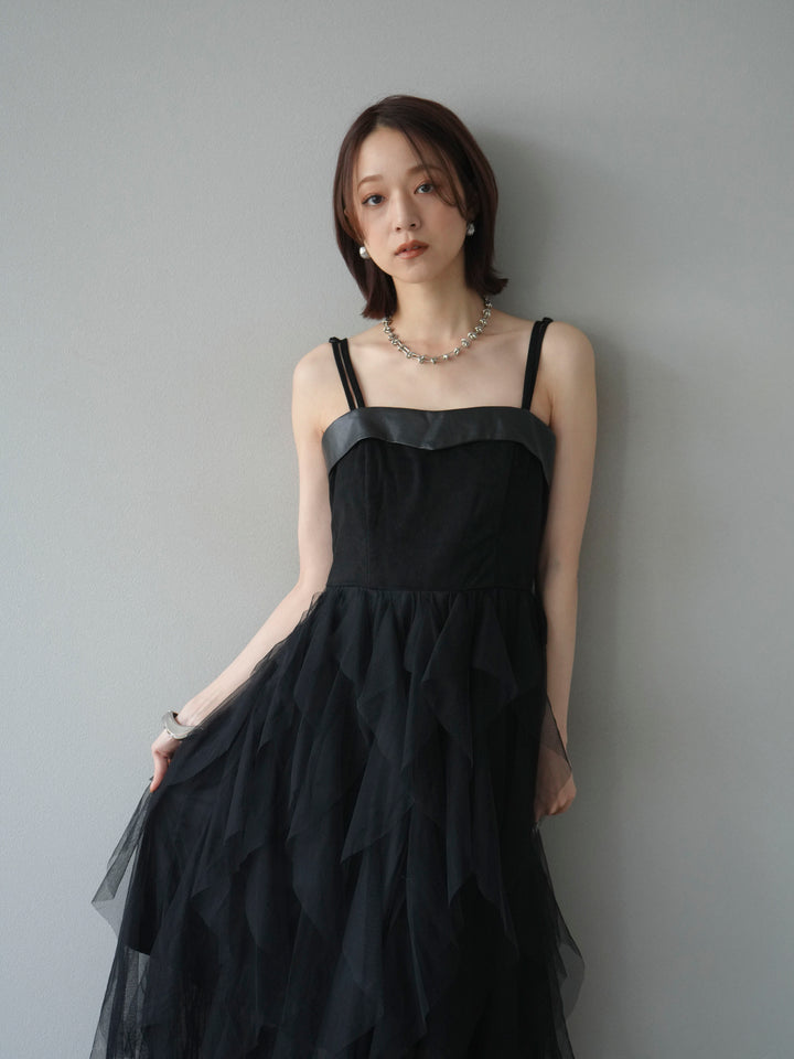 [予約]レザー切替チュールラッフルワンピース/black