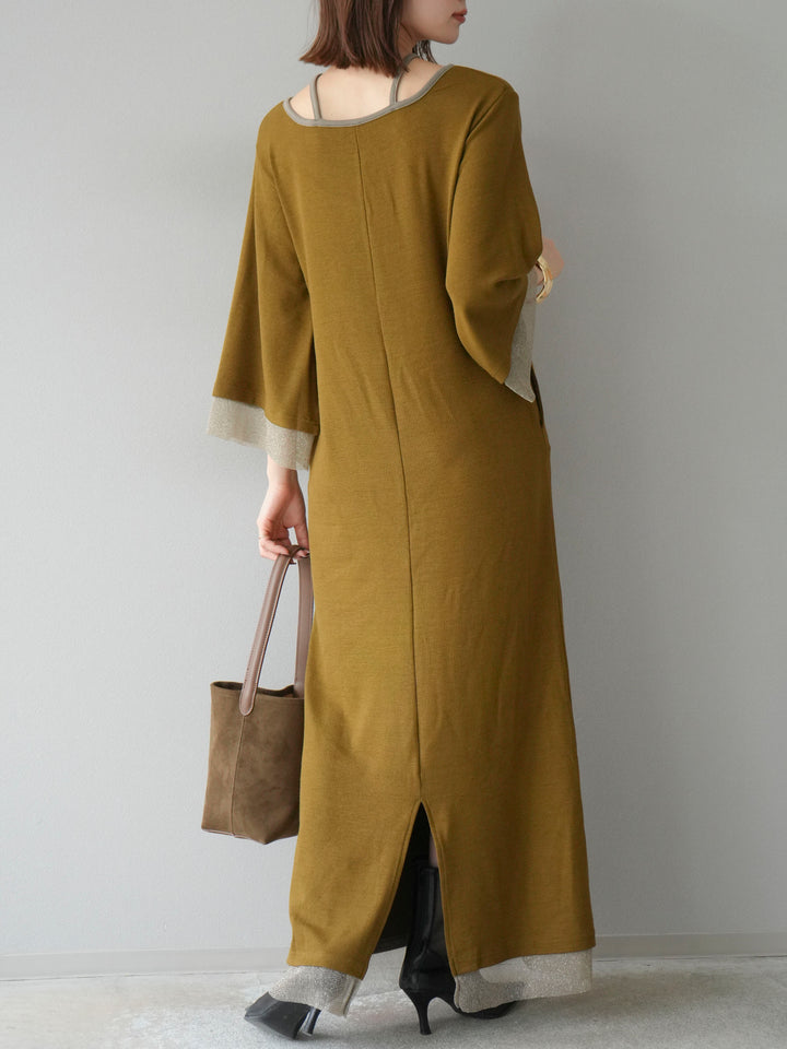 [予約]デザインネックラメシアー切替ニットワンピース/カーキ
