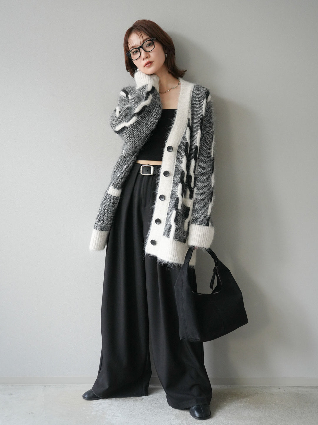 [SET]バイカラー編み込みデザインニットカーディガン+ベルトループデザインワイドパンツ(2set)