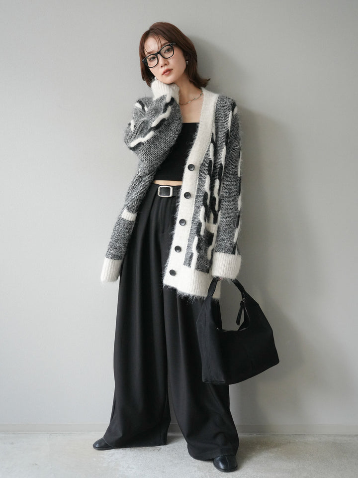 [SET]バイカラー編み込みデザインニットカーディガン+ベルトループデザインワイドパンツ(2set)