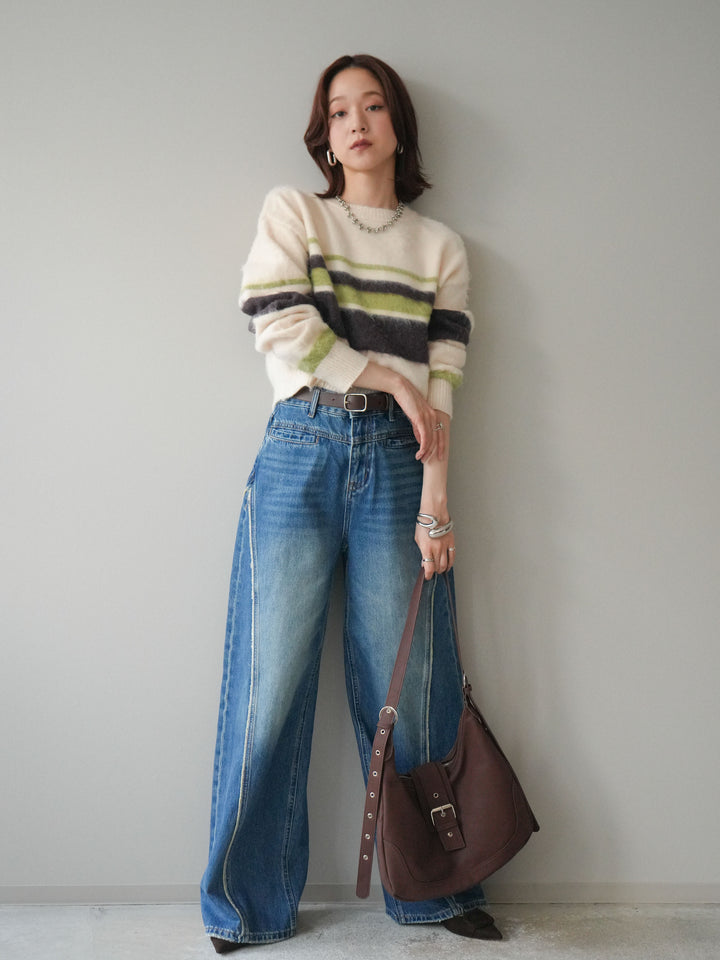 [SET]ソフトタッチボーダークロップドニットプルオーバー+サイドフリンジワイドデニムパンツ(2set)