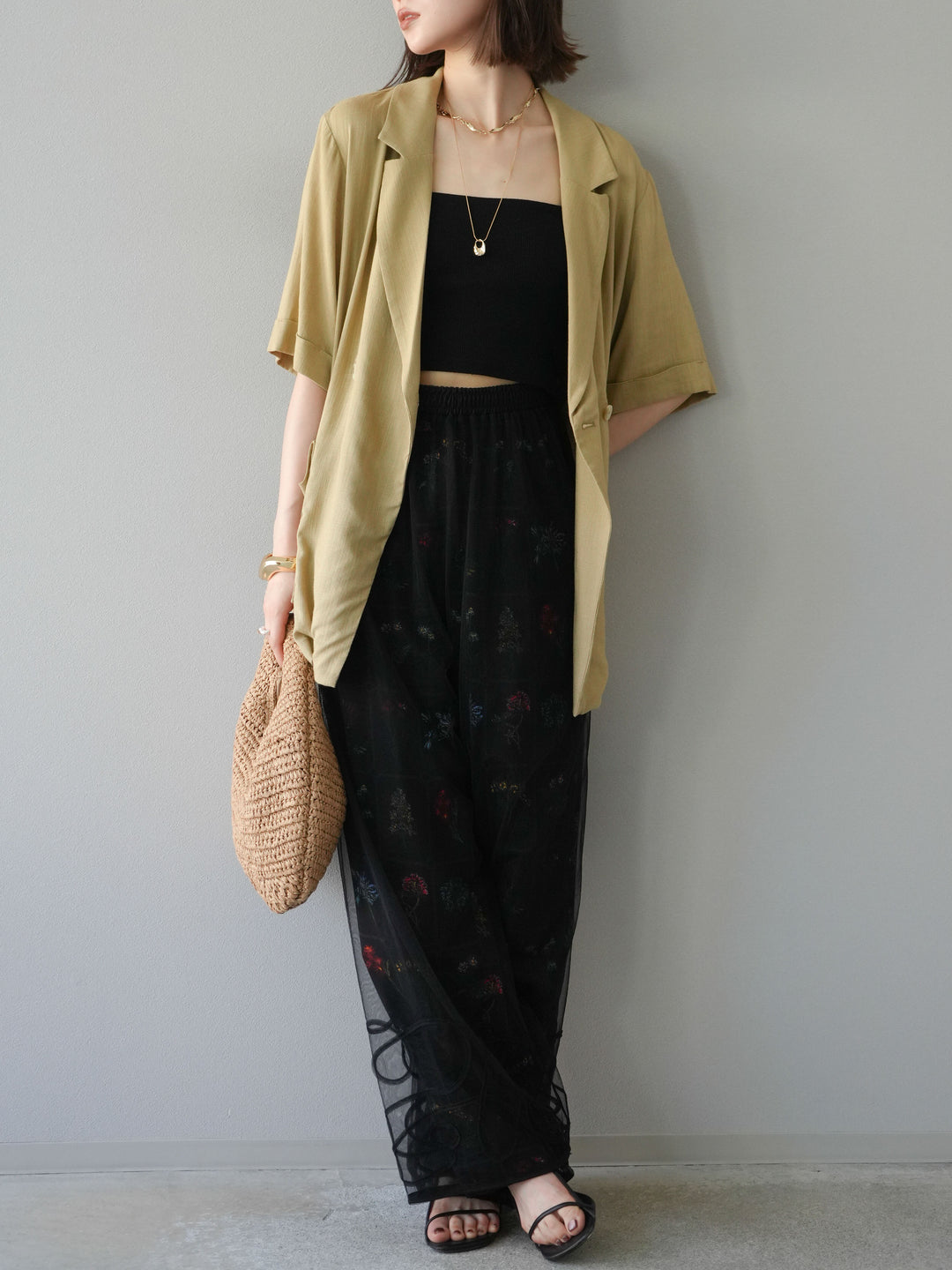 [予約]パッチワークフラワープリントイージーパンツ/ブラック