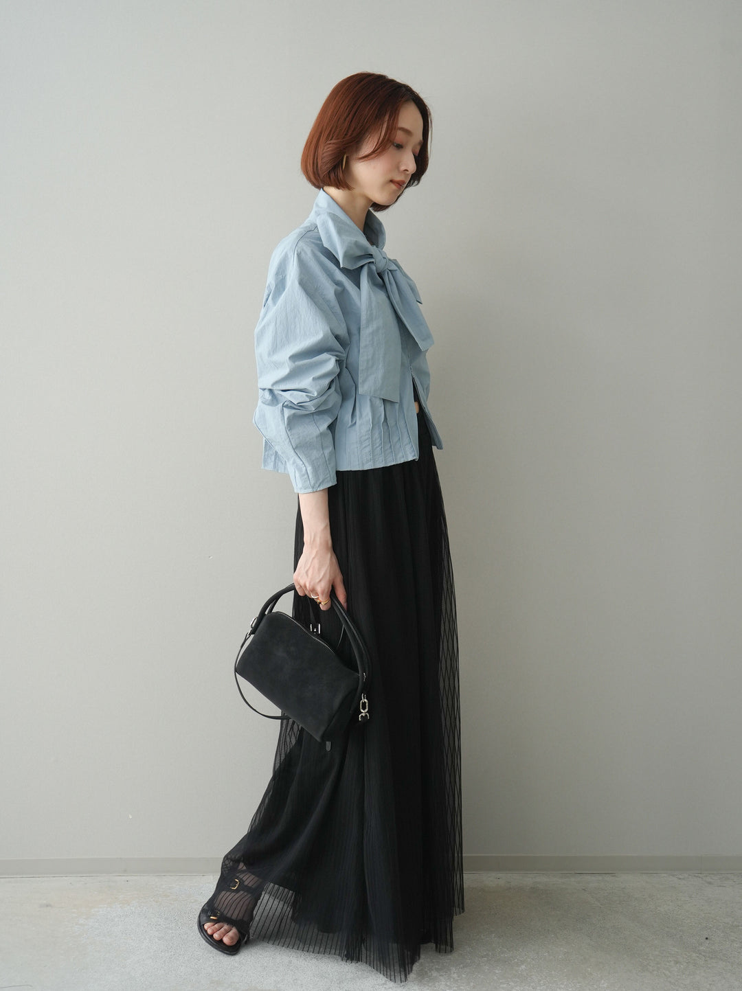 [SET]ボウタイ裾プリーツライトジャケット+ストライプチュールボリュームバギーパンツ(2set)