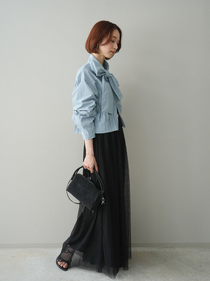 [SET]ボウタイ裾プリーツライトジャケット+ストライプチュールボリュームバギーパンツ(2set)