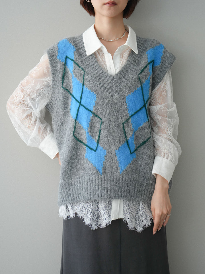 [SET]アーガイルVネックニットベスト+選べるアクセセット(2set)