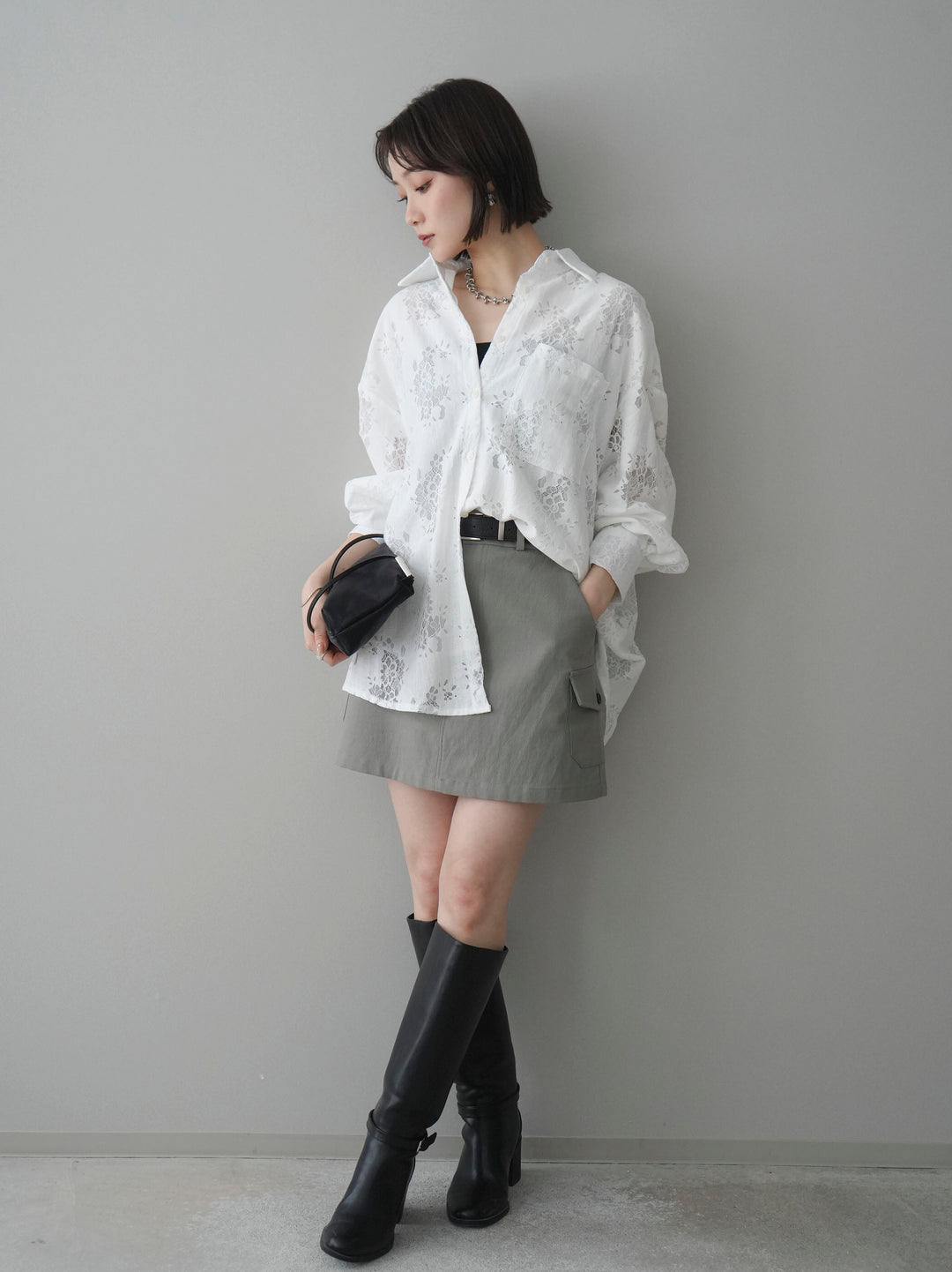 【套裝】提花蕾絲罩衫+繫帶工裝迷你裙（兩件套）