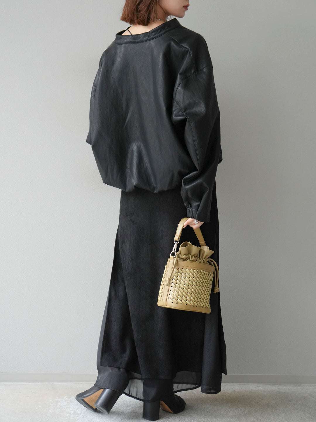 [予約]サイドスリットスウェードドッキングシフォンスカート/ブラック