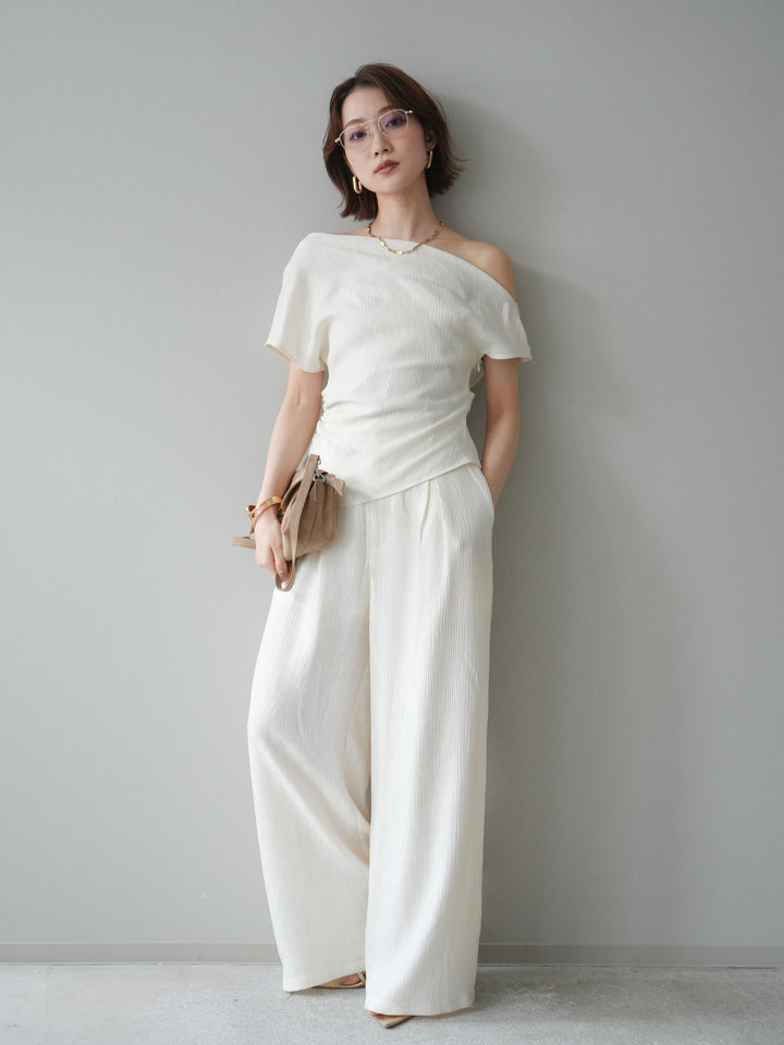 [SET]クレープアシンメトリーギャザートップス+クレープドレープタックパンツ(2set)